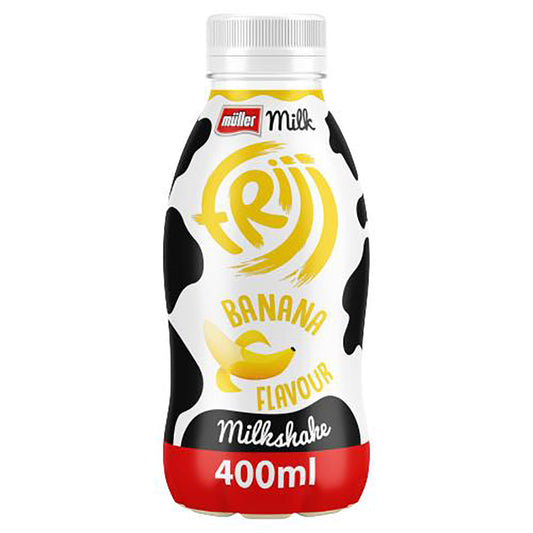 Muller Frijj Banana Milkshake 400ml bottle with vibrant design and clear flavor labeling.