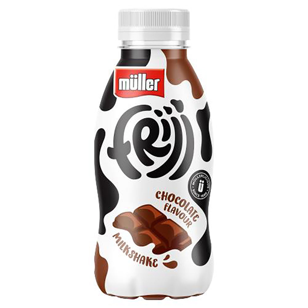 Bottle of Muller Frijj Chocolate Flavour Milkshake 330ml with distinctive black and white splashed design and brown chocolate pieces illustration.