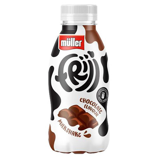 Bottle of Muller Frijj Chocolate Flavour Milkshake 330ml with distinctive black and white splashed design and brown chocolate pieces illustration.