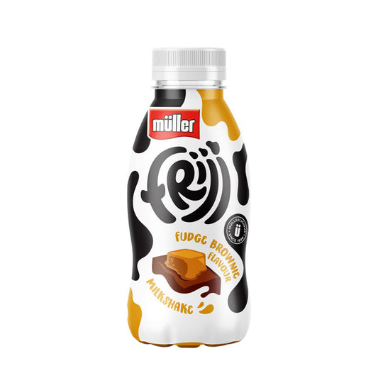 Bottle of Muller Frijj Fudge Brownie Flavour Milkshake 330ml with a distinctive black, white, and caramel design.