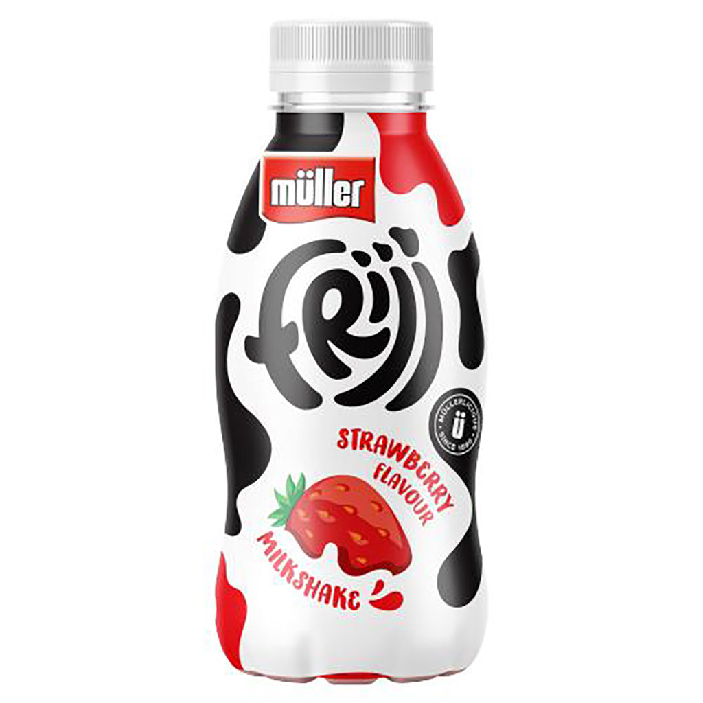 Bottle of Muller Frijj Strawberry Flavour Milkshake 330ml with distinctive black and white cow pattern and red strawberry graphics.