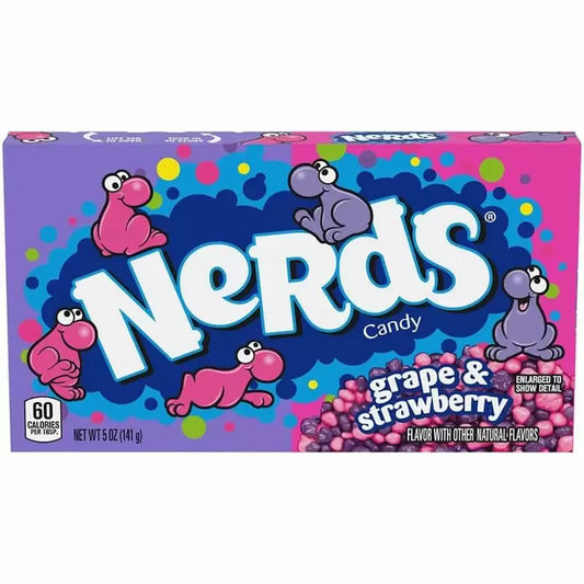 Packaging of Nerds Candy Grape and Strawberry 142g showing colorful cartoon characters and flavored candy pieces