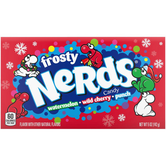 Packaging of Nerds Frosty Watermelon Cherry candy 141g showing cartoon characters and flavor text with colorful background and snowflakes.