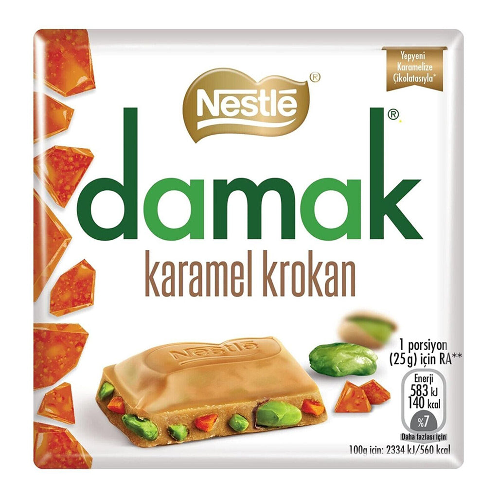 Nestle Damak Caramel Croquant White Chocolate Bar with Pistachios 60g packaging and product display.