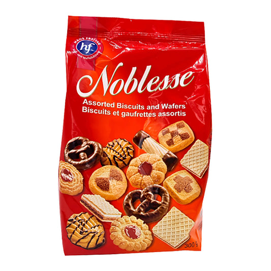 Pack of Noblesse Assorted Biscuits and Wafers 300g showcasing a variety of cookies and chocolate-covered treats on red background.