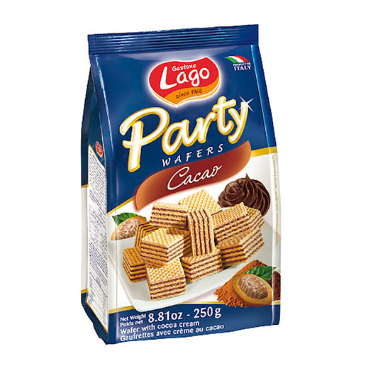Pack of Lago Party Wafers with cocoa cream filling 250g showing the brand logo, arranged wafers with creamy detail, and product weight indication.