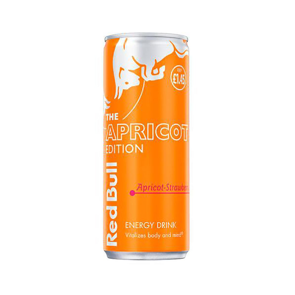 Red Bull Apricot Strawberry 250ml energy drink can with logo and The Apricot Edition text on white background.