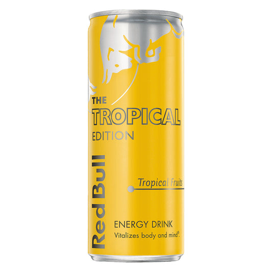 250ml Red Bull The Tropical Edition energy drink can with tropical fruits flavor, yellow design with logo.