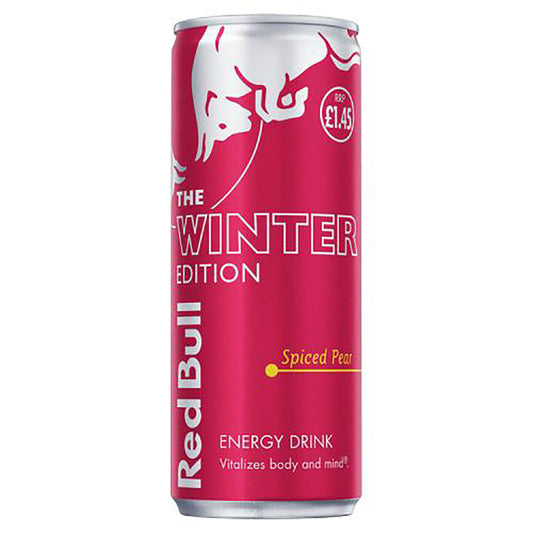 Can of Red Bull The Winter Edition Spiced Pear Energy Drink 250ml showing the price and brand logo on a magenta background.