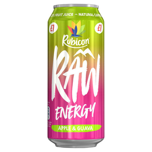 Rubicon Raw Energy Apple & Guava 500ml can with vibrant green and pink color gradient and bold branding, infused with natural caffeine and fruit juice.