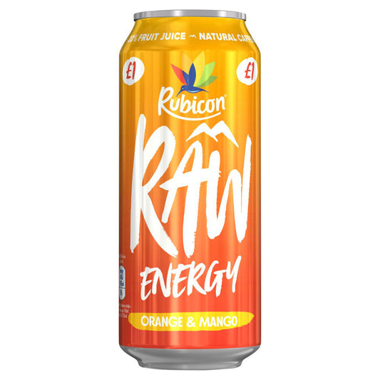 Rubicon Raw Energy Orange & Mango 500ml can - an energy drink with fruit juice and natural caffeine.