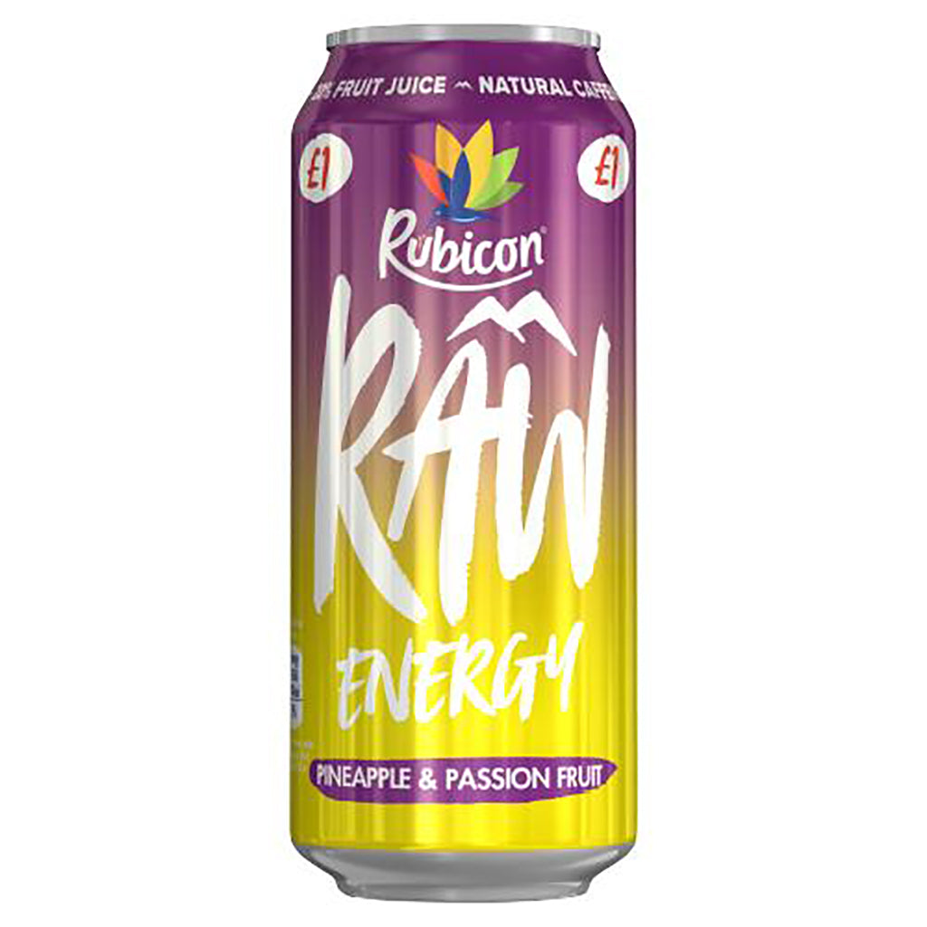 Rubicon Raw Energy Pineapple & Passion Fruit 500ml drink can with bold graphics and pricing label