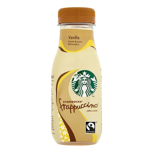 Starbucks Fairtrade Frappuccino Coffee Drink in Vanilla flavor, 250ml bottle showcased on a plain background.