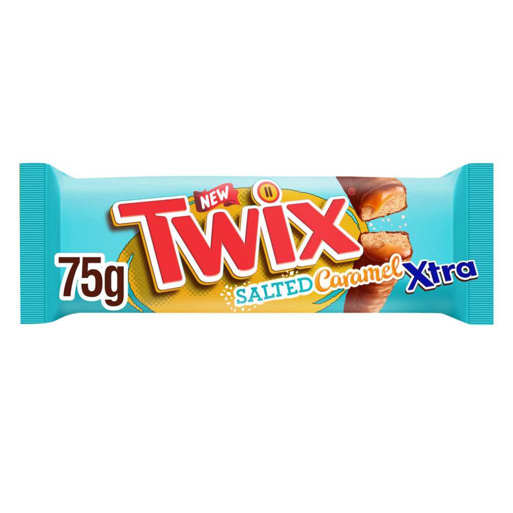 Packaging image of Twix Xtra Salted Caramel Chocolate Biscuit Twin Bars 75g with new label, vivid blue background, and caramel drizzle graphics.