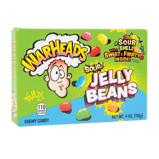 Warheads Sour Jelly Beans 4 oz package showcasing colorful candy pieces and bold branding with calorie information.